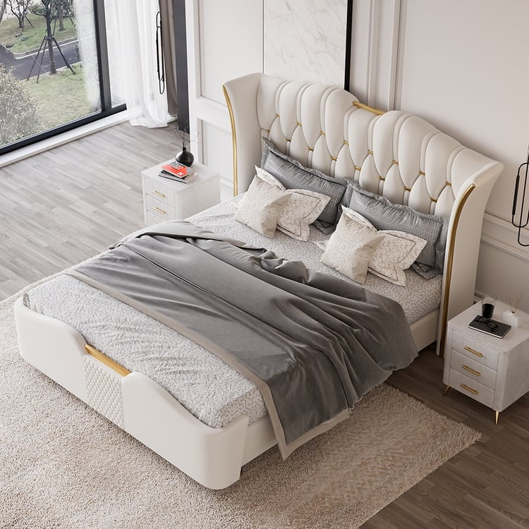King Size Upholstered Bed Frame with Tufted Wingback Headboard
