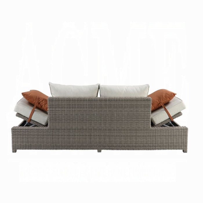 ACME Beige Fabric & Gray Wicker Salena Patio Sofa W/2 Pillows & Ottoman