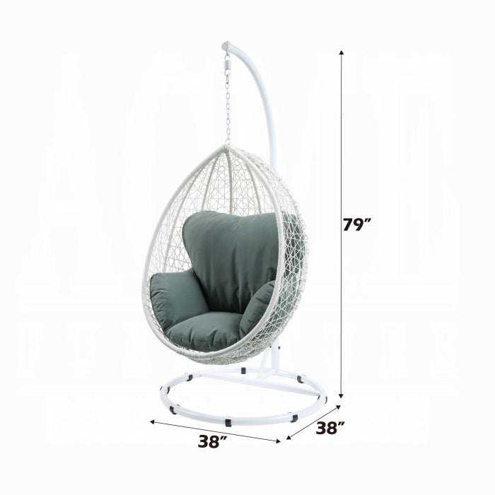 ACME Green Fabric & White Wicker Simona Hanging Chair