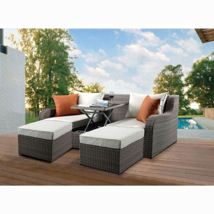 ACME Beige Fabric & Gray Wicker Salena Patio Sofa W/2 Pillows & 2 Ottomans