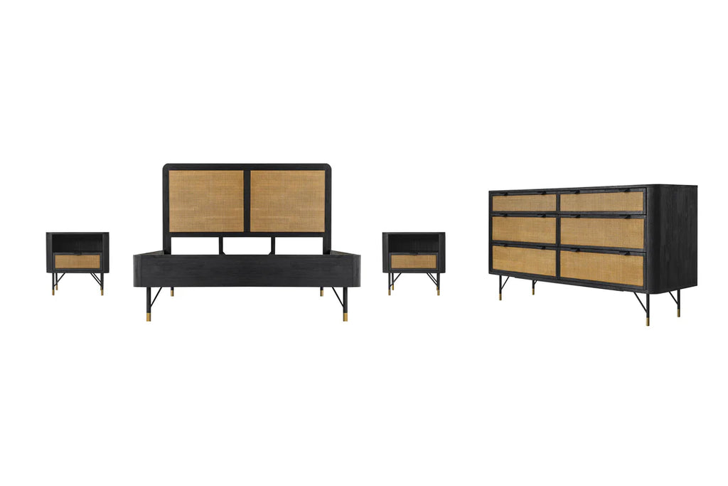 Armen Living  Saratoga 4 Piece Bedroom Set in Black Acacia Wood and Rattan