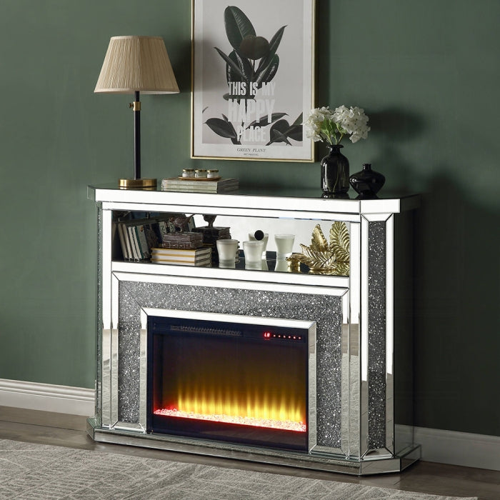 ACME Mirrored & Faux Diamonds Noralie Fireplace W/LED