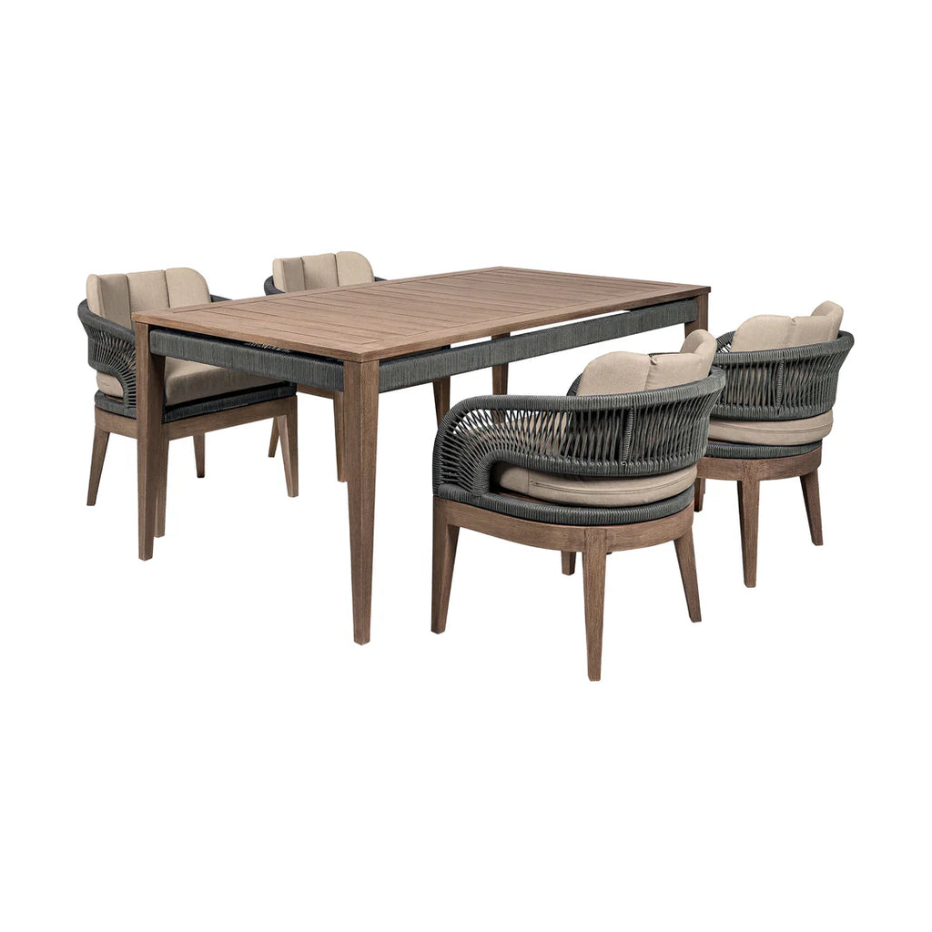 Armen Living Orbit Outdoor Patio 5 Piece Dining Set in Weathered Eucalyptus Wood with Gray Rope and Taupe Olefin Cushions