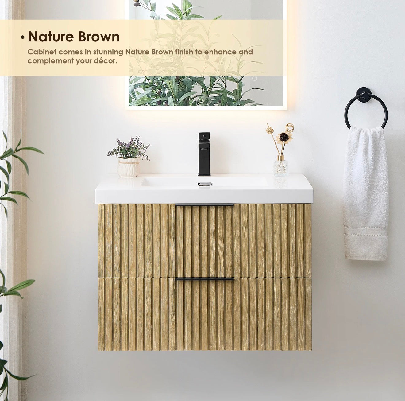 Altair Livia 30" Wall-mounted Single Bathroom Vanity in Nature Brown with White Artificial Drop-in Sink without Mirror