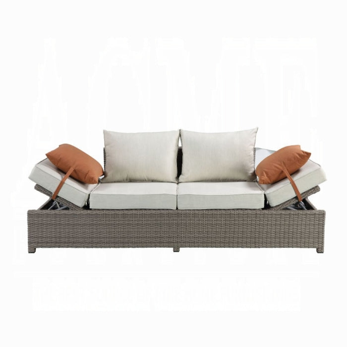 ACME Beige Fabric & Gray Wicker Salena Patio Sofa W/2 Pillows & Ottoman