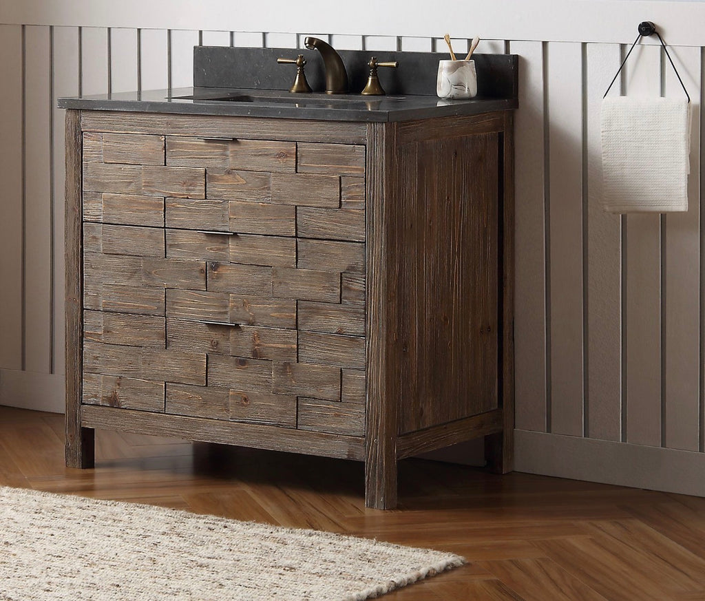 Legion Furniture 36" Rustic Solid Wood Bathroom Vanity with Moon Stone Marble Top – No Faucet