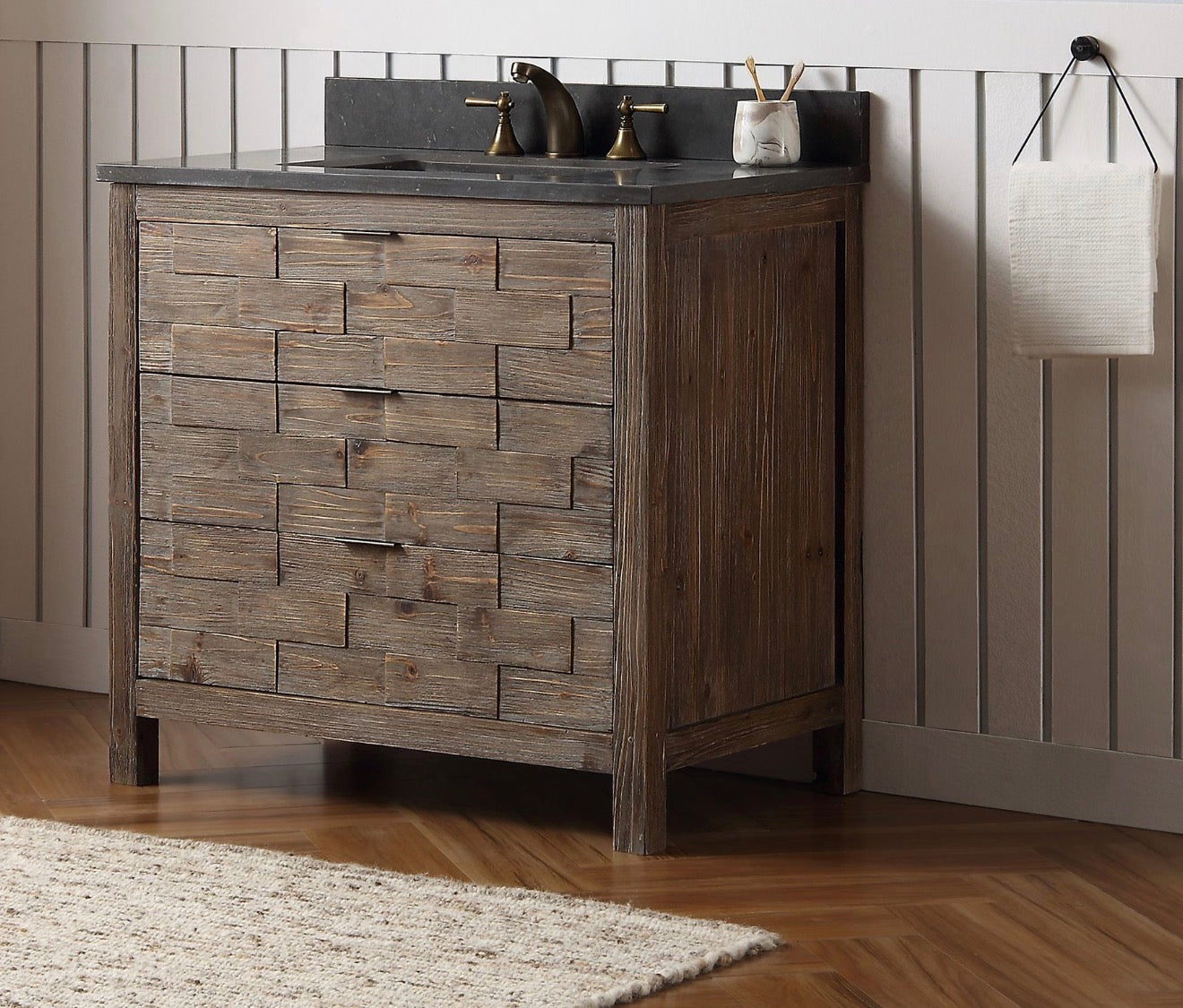 Legion Furniture 36" Rustic Solid Wood Bathroom Vanity with Moon Stone Marble Top – No Faucet