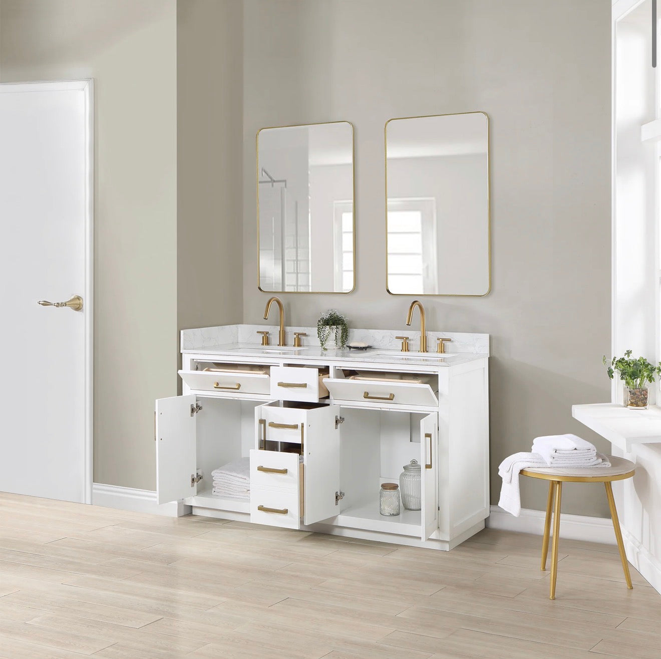 Altair Gavino 60" Double Bathroom Vanity in Light Brown with Grain White Engineered Stone Countertop without Mirror