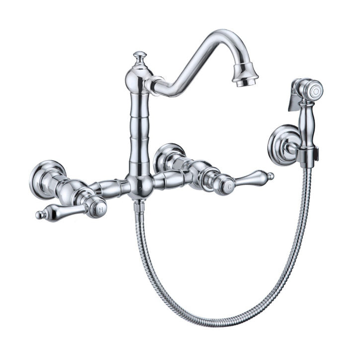 Whitehaus Polished chrome  Vintage III Plus Wall Mount Faucet with a  Long Traditional Swivel Spout W/ Solid Brass Side Spray