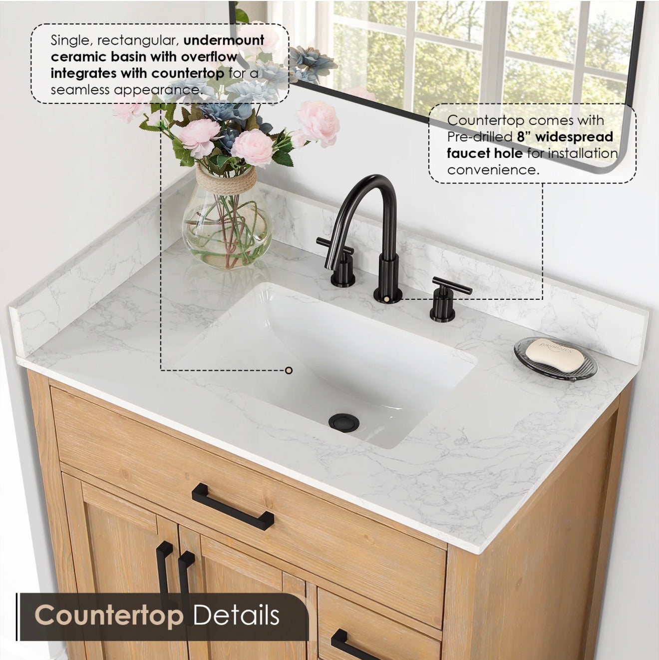 Altair  Gavino 36" Single Bathroom Vanity with Grain White Engineered Stone Countertop