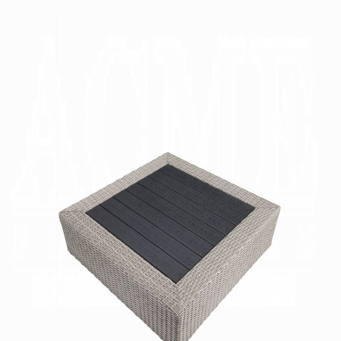 ACME Beige Fabric & Gray Wicker Salena Patio Sectional Sofa W/4 Pillows & Coffee Table