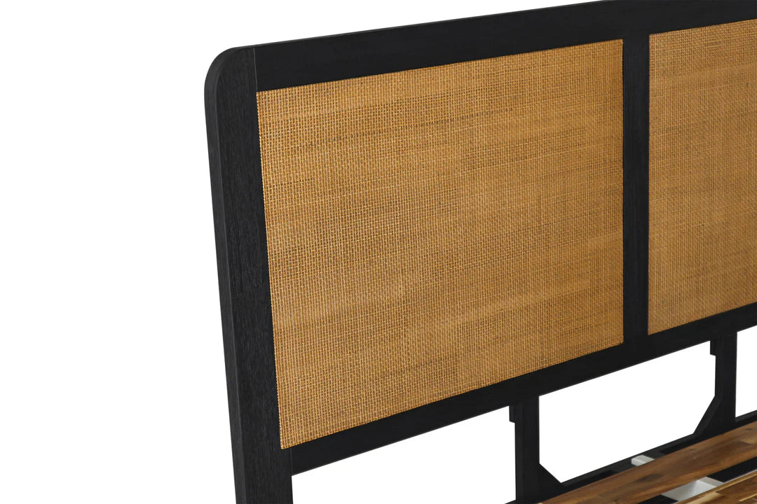 Armen Living Saratoga Platform Frame Bed in Black Acacia with Rattan Headboard