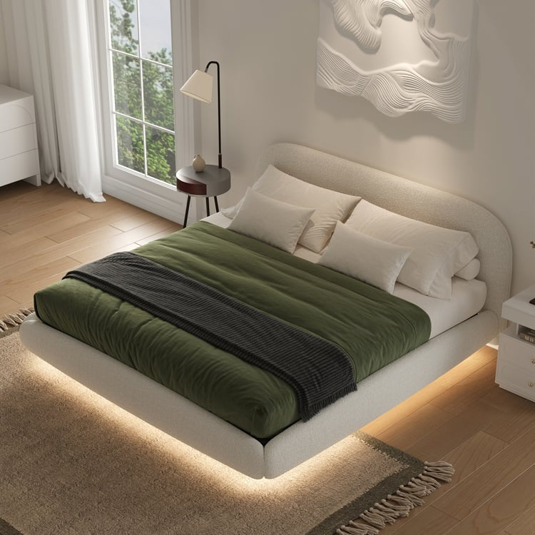 King Size Bouclé Upholstered Floating Bed Frame with Motion Sensor LED Lights