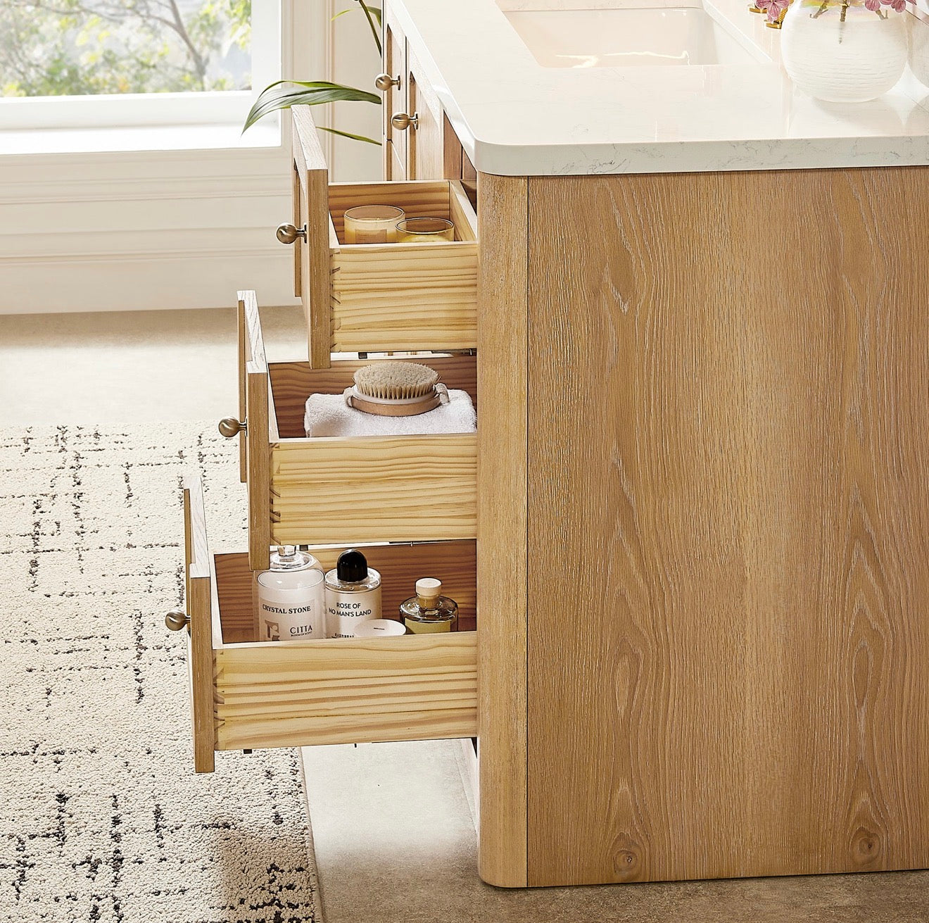 Altair Milner Bathroom Vanity in Brushed Oak with Grain White Engineered Stone Countertop without Mirror