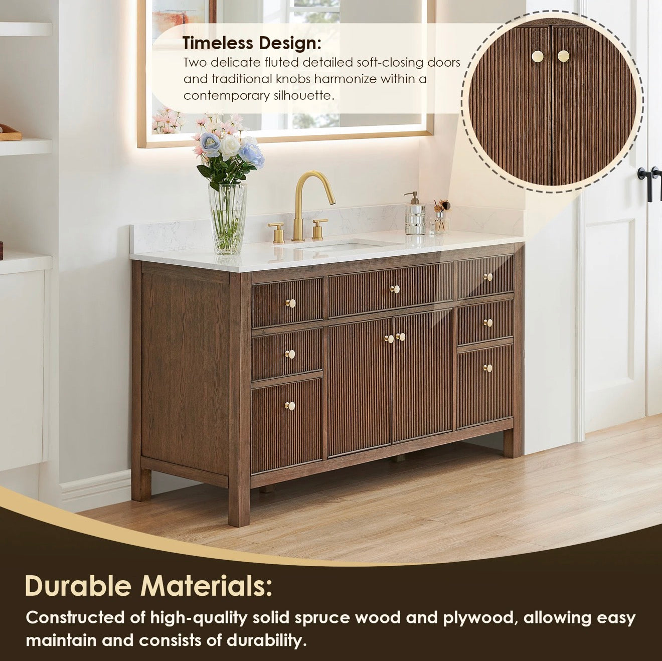 Altair Cerrito 60" Single Bathroom Vanity with Grain White Engineered Stone Countertop without Mirror