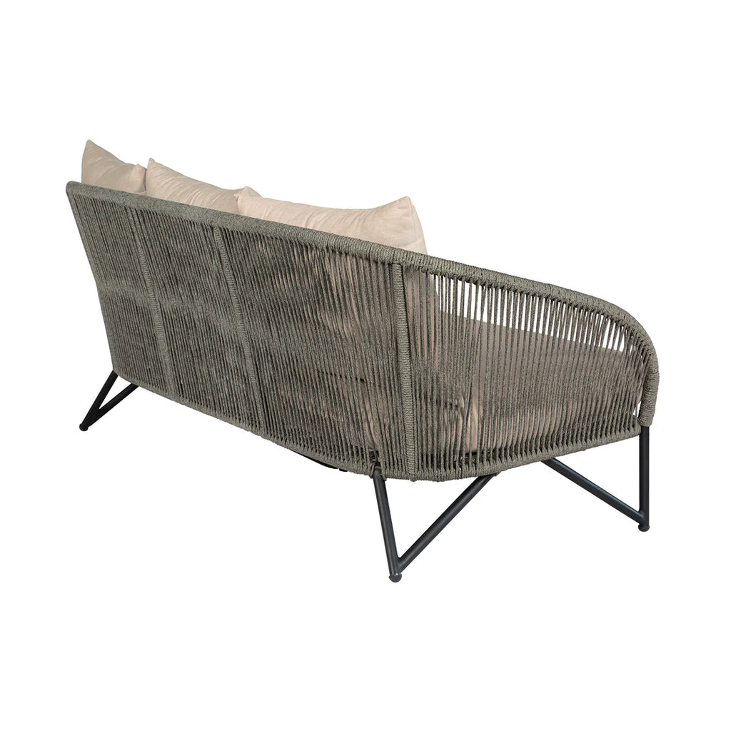 Armen Living  Benicia Outdoor Patio Sofa in Black Steel with Gray Rope and Taupe Olefin Cushions
