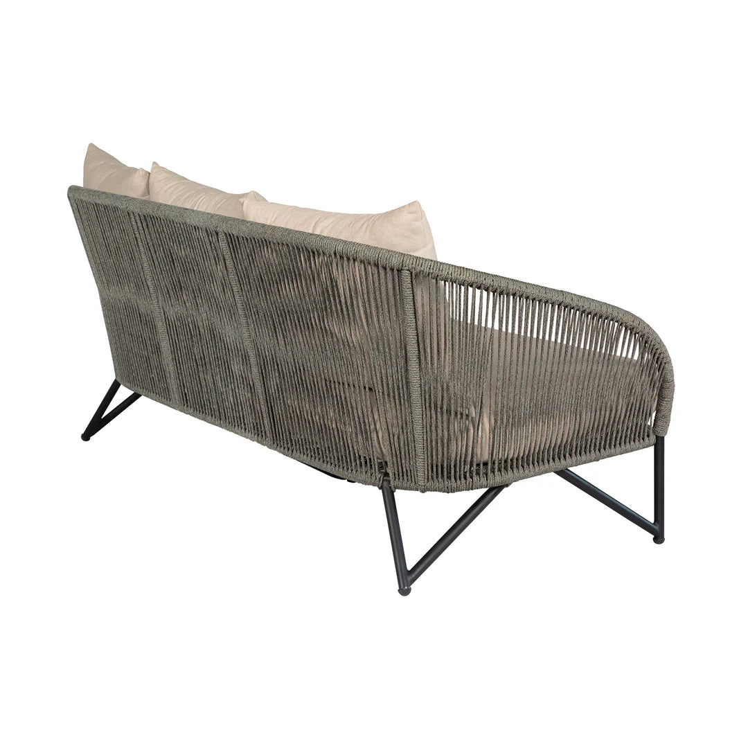 Armen Living  Benicia Outdoor Patio Sofa in Black Steel with Gray Rope and Taupe Olefin Cushions