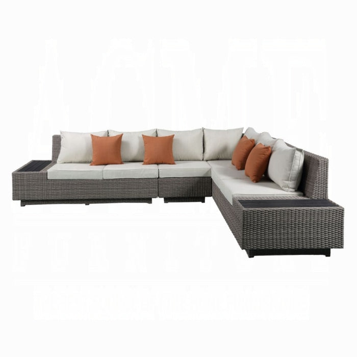 ACME Beige Fabric & Gray Wicker Salena Patio Sectional Sofa W/4 Pillows & Coffee Table