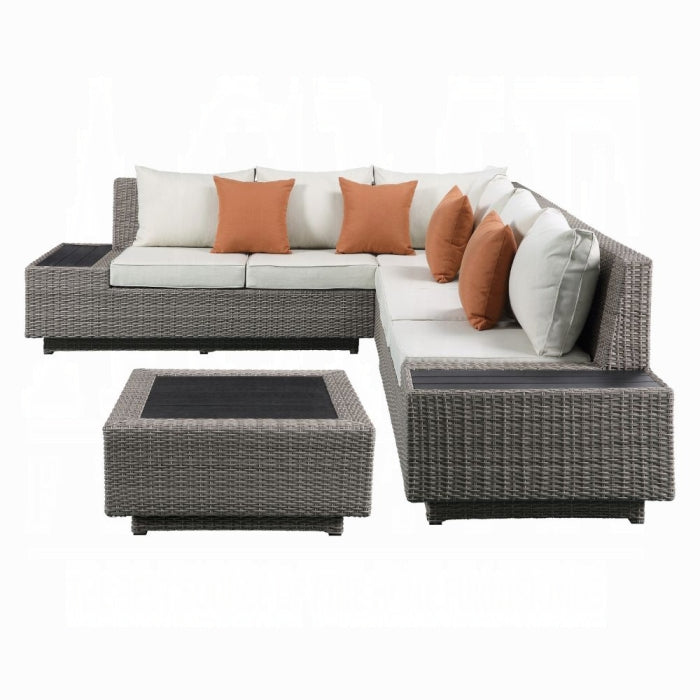 ACME Beige Fabric & Gray Wicker Salena Patio Sectional Sofa W/4 Pillows & Coffee Table