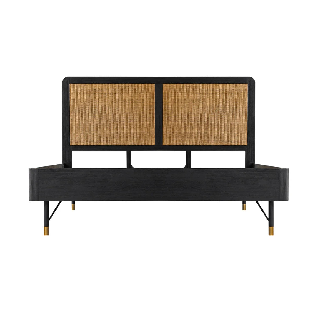 Armen Living Saratoga 3 Piece Bedroom Set in Black Acacia Wood and Rattan