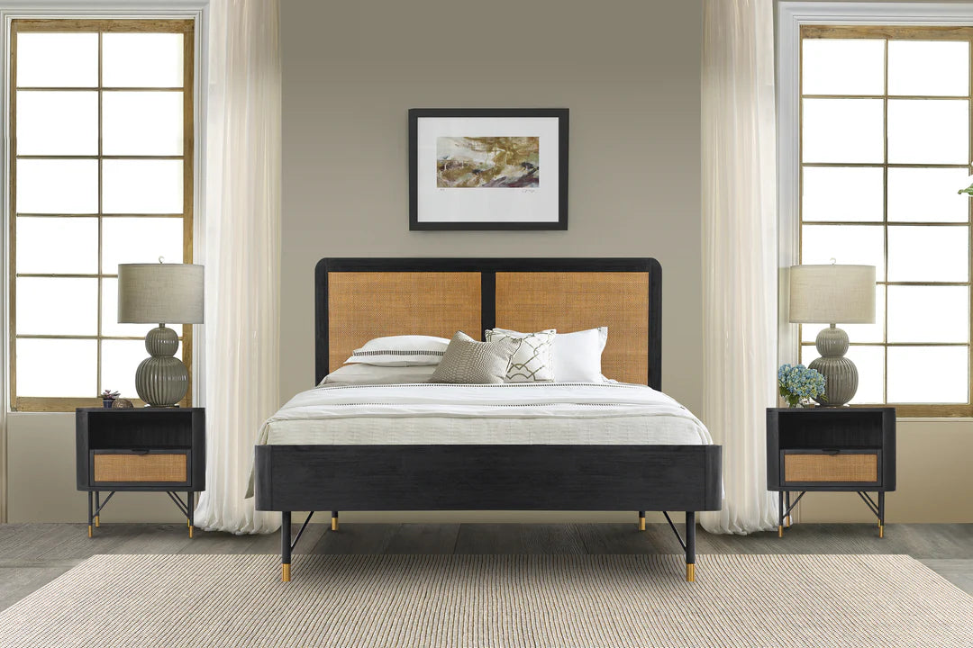 Armen Living Saratoga 3 Piece Bedroom Set in Black Acacia Wood and Rattan