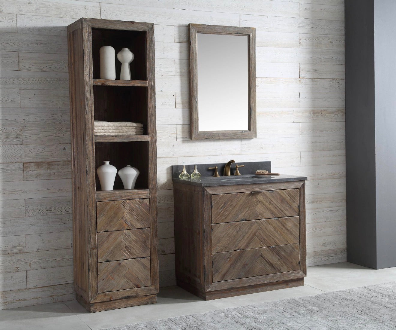 Legion Furniture Rustic Solid Wood Bathroom Vanity with Natural Moon Stone Top – No Faucet