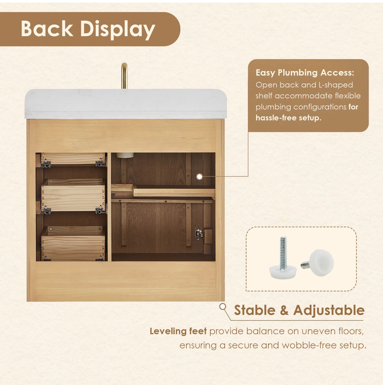 Altair Milner Bathroom Vanity in Brushed Oak with Grain White Engineered Stone Countertop without Mirror