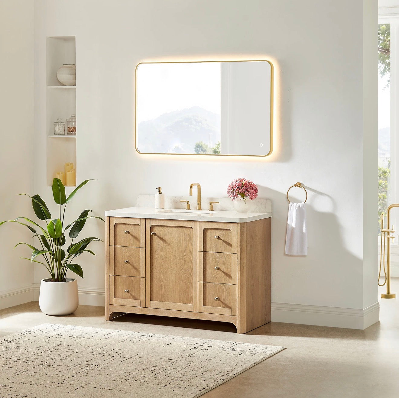 Altair Milner Bathroom Vanity in Brushed Oak with Grain White Engineered Stone Countertop without Mirror