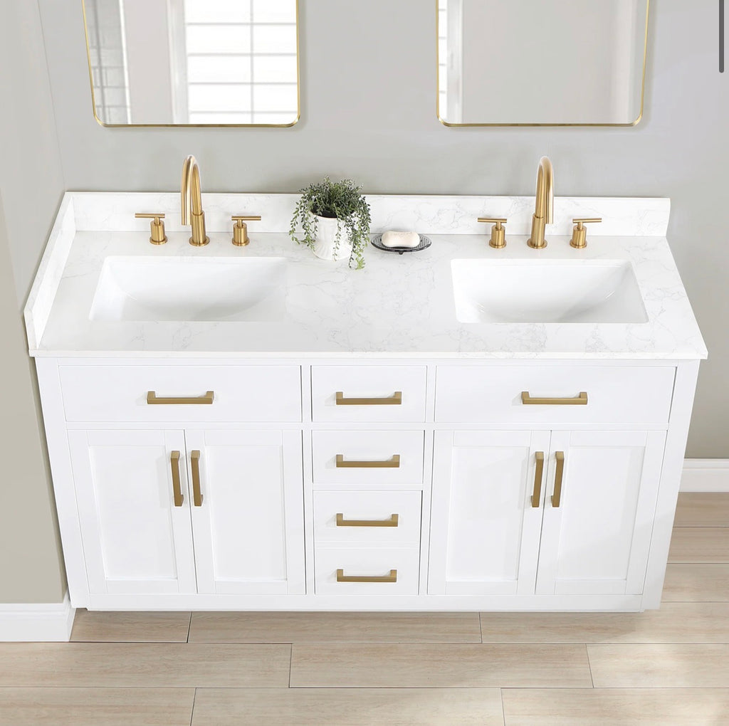 Altair Gavino 60" Double Bathroom Vanity in Light Brown with Grain White Engineered Stone Countertop without Mirror