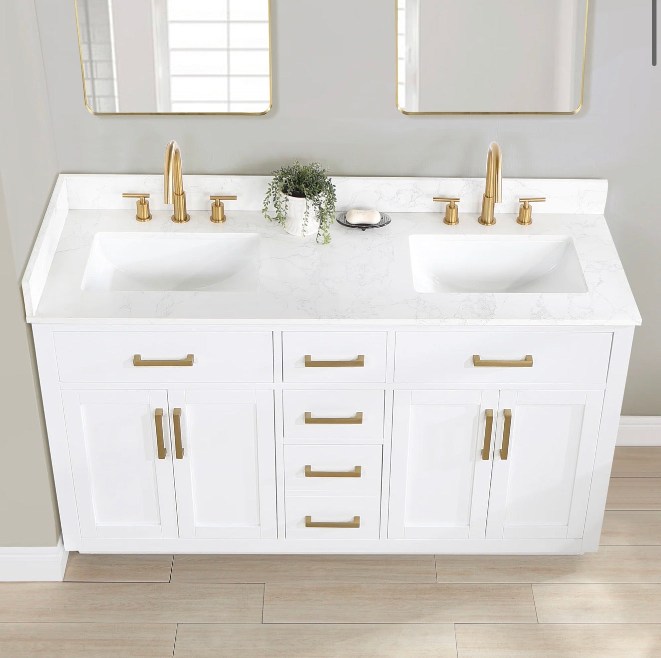 Altair Gavino 60" Double Bathroom Vanity in Light Brown with Grain White Engineered Stone Countertop without Mirror