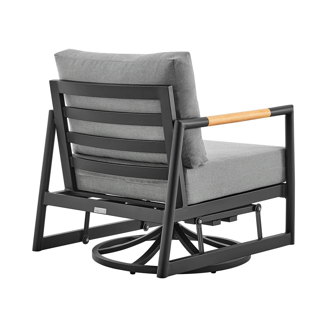 Armen Living Crown Outdoor Patio Swivel Glider Lounge Chair in Black Aluminum and Teak Wood with Cushions