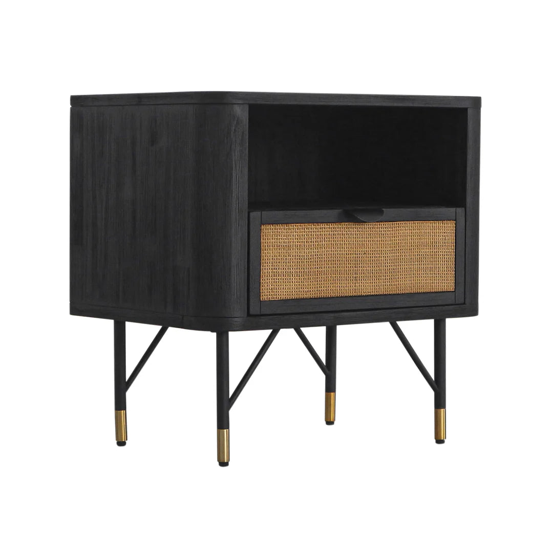 Armen Living Saratoga 3 Piece Bedroom Set in Black Acacia Wood and Rattan