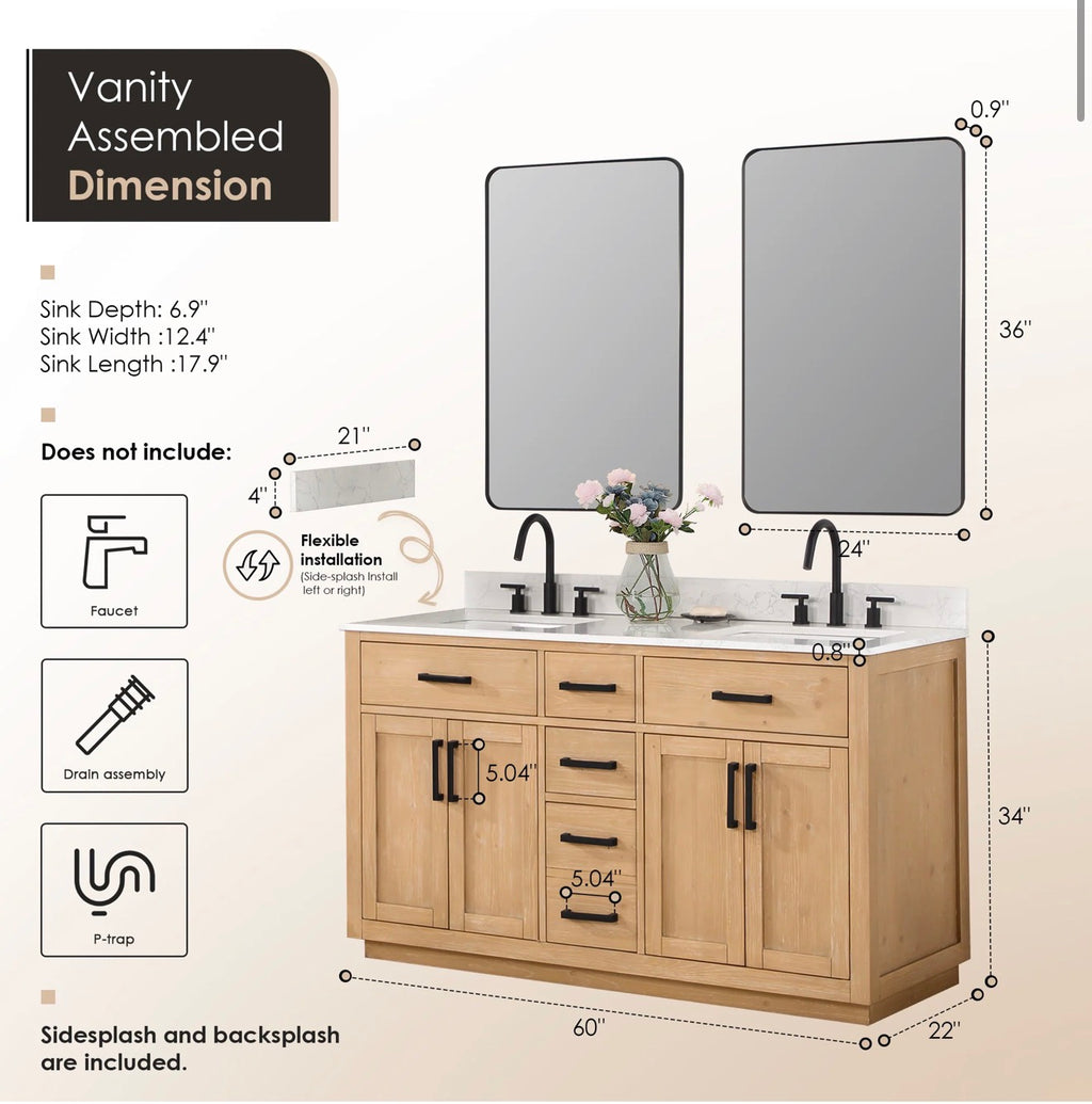Altair Gavino 60" Double Bathroom Vanity in Light Brown with Grain White Engineered Stone Countertop without Mirror