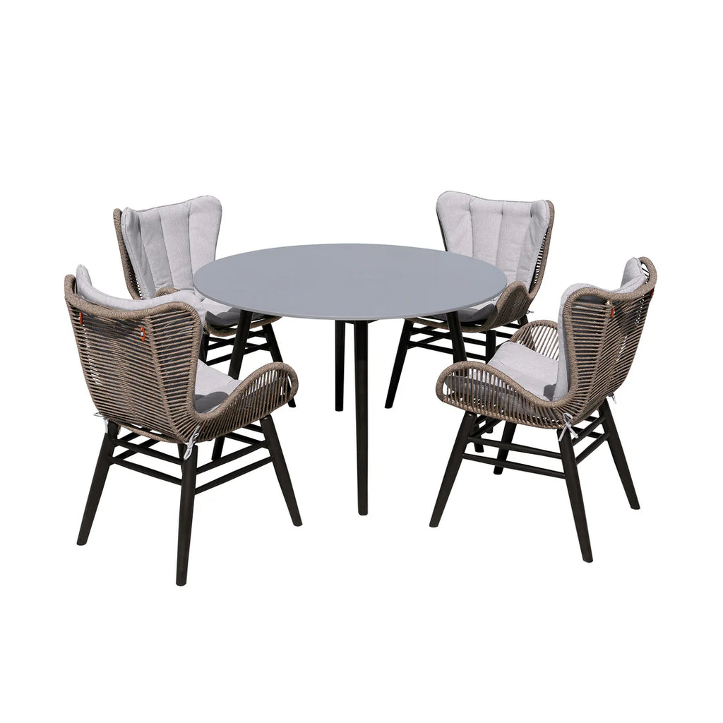 Armen Living Kylie and Mateo 5 Piece Outdoor Patio Dining Set in Eucalyptus Wood with Truffle Rope and Gray Cushions