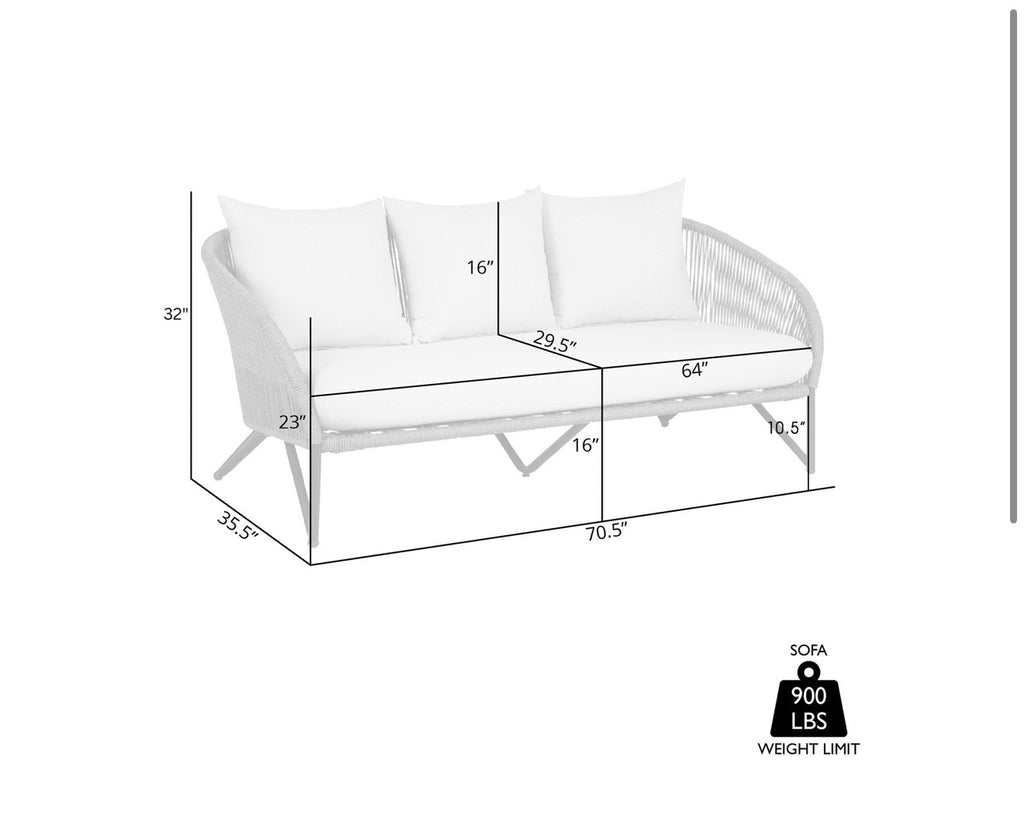 Armen Living  Benicia Outdoor Patio Sofa in Black Steel with Gray Rope and Taupe Olefin Cushions