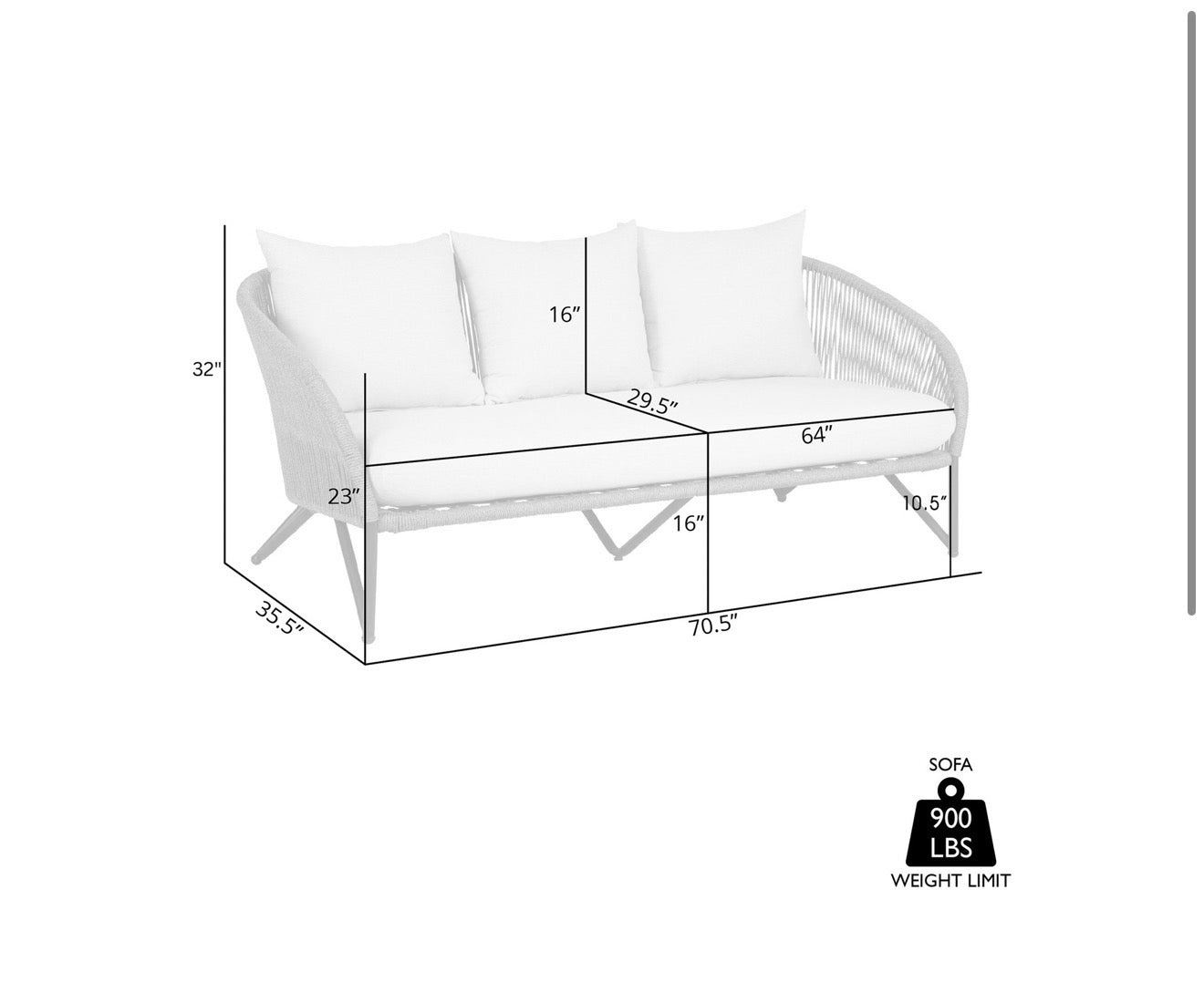 Armen Living  Benicia Outdoor Patio Sofa in Black Steel with Gray Rope and Taupe Olefin Cushions