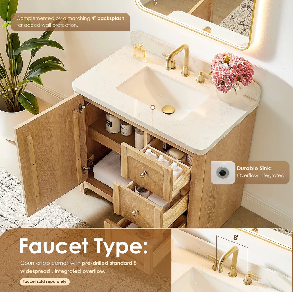 Altair Milner Bathroom Vanity in Brushed Oak with Grain White Engineered Stone Countertop without Mirror