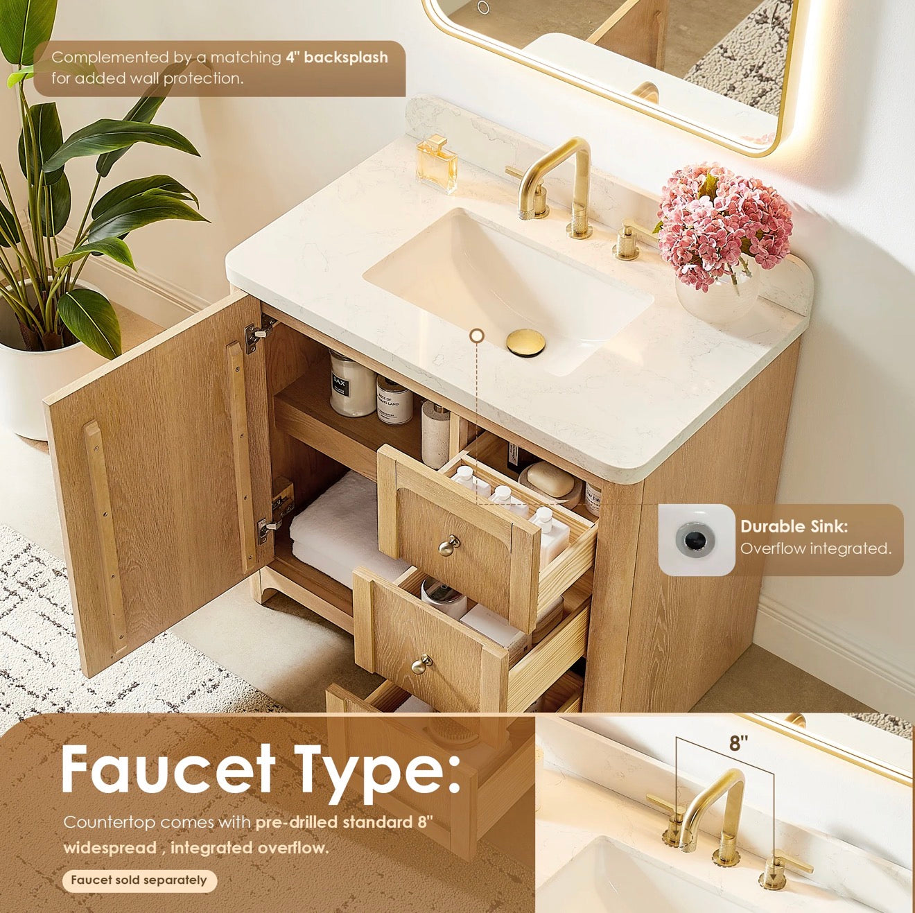 Altair Milner Bathroom Vanity in Brushed Oak with Grain White Engineered Stone Countertop without Mirror