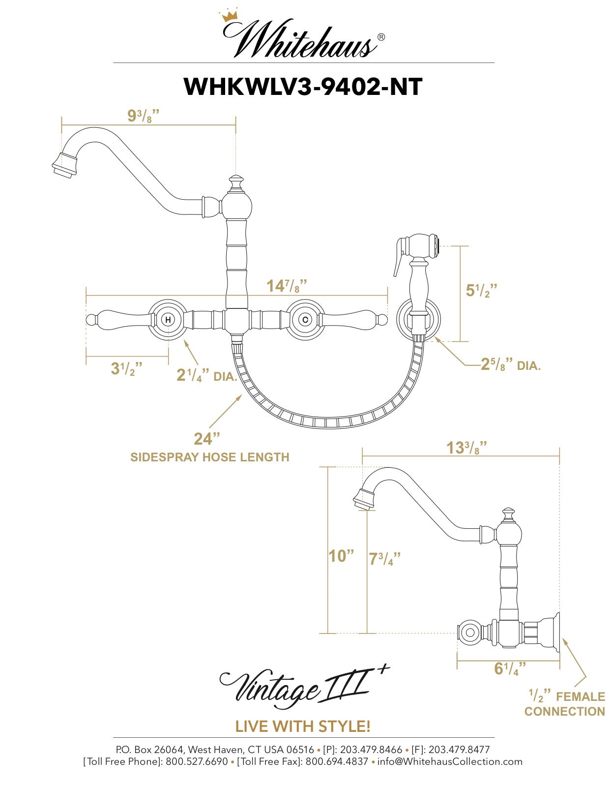 Whitehaus Vintage III Plus Wall Mount Faucet with a  Long Traditional Swivel Spout W/ Solid Brass Side Spray
