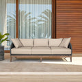 Armen Living Orbit Outdoor Patio Sofa in Weathered Eucalyptus Wood with Gray Rope and Taupe Olefin Cushions