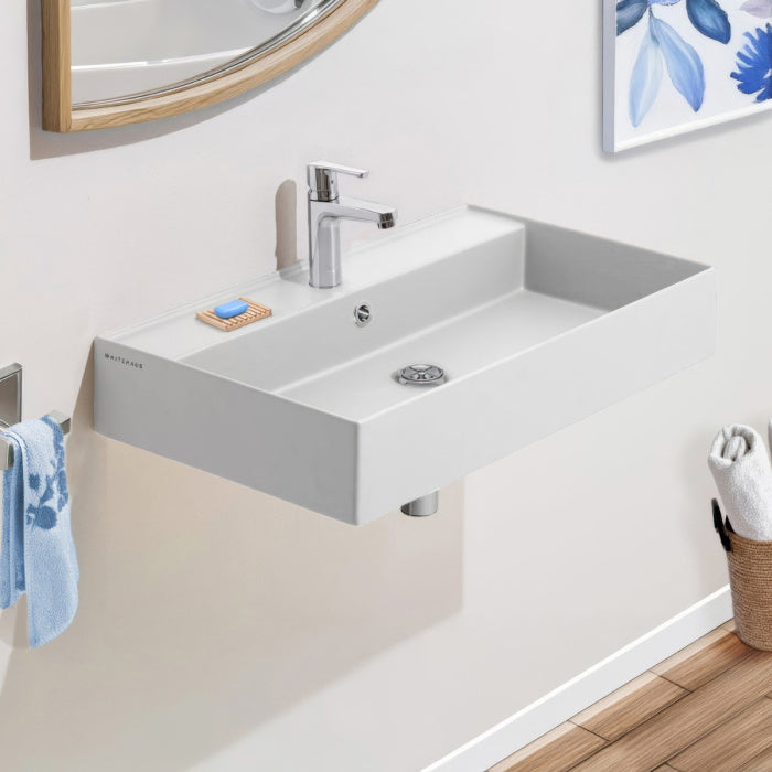 Whitehaus 32" Rectangular Wall Mount Basin with Single Faucet Drilling and Overflow