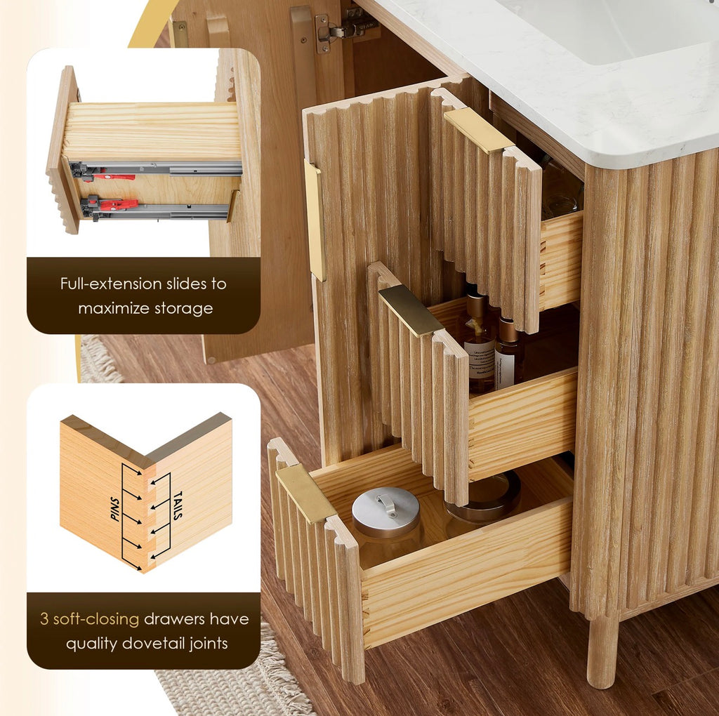 Altair Sierra 36" Single Bathroom Vanity in Washed Light Brown with Grain White Engineered Stone Countertop without Mirror