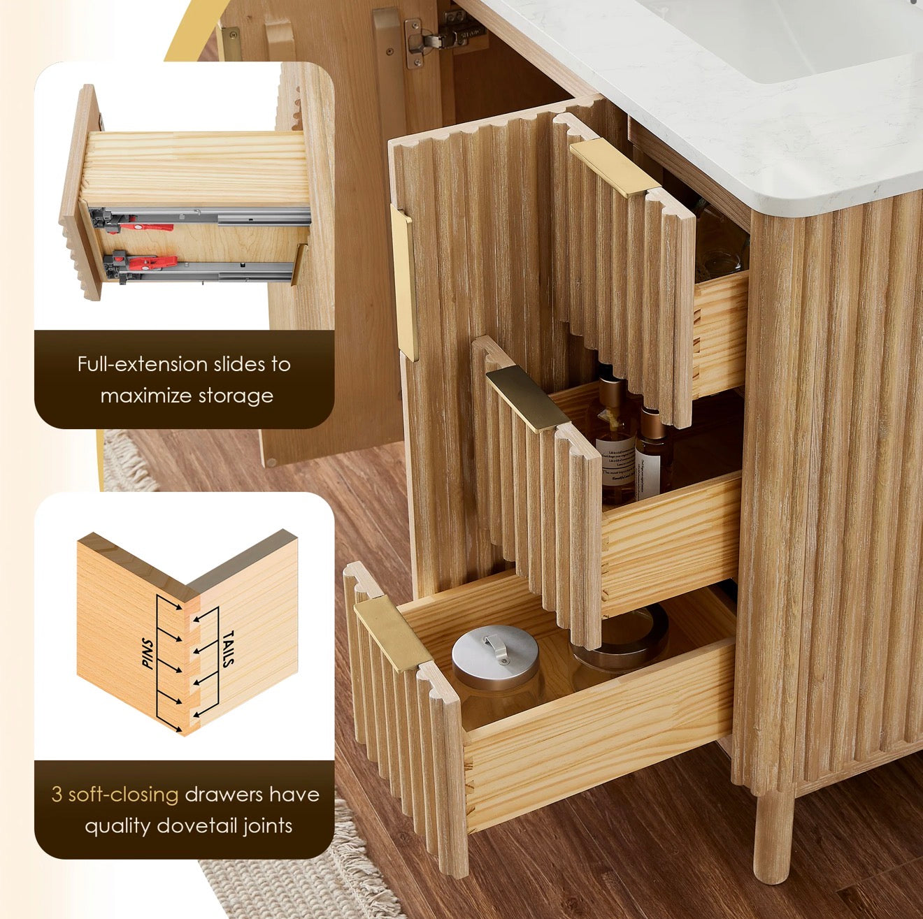 Altair Sierra 36" Single Bathroom Vanity in Washed Light Brown with Grain White Engineered Stone Countertop without Mirror