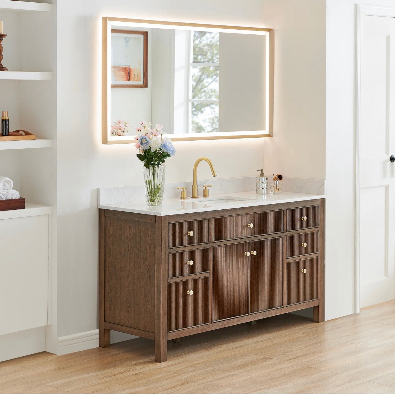 Altair Cerrito 60" Single Bathroom Vanity with Grain White Engineered Stone Countertop without Mirror