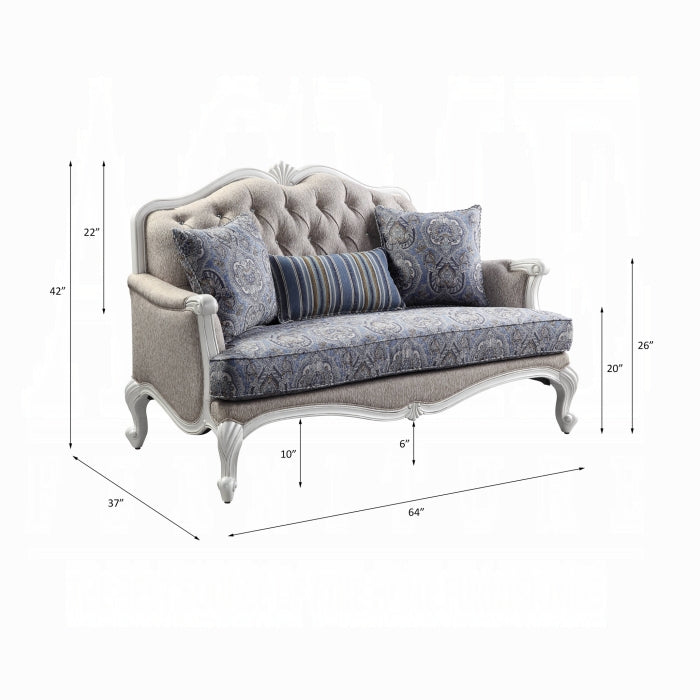 ACME  Fabric & White Ciddrenar Loveseat W/3 Pillows