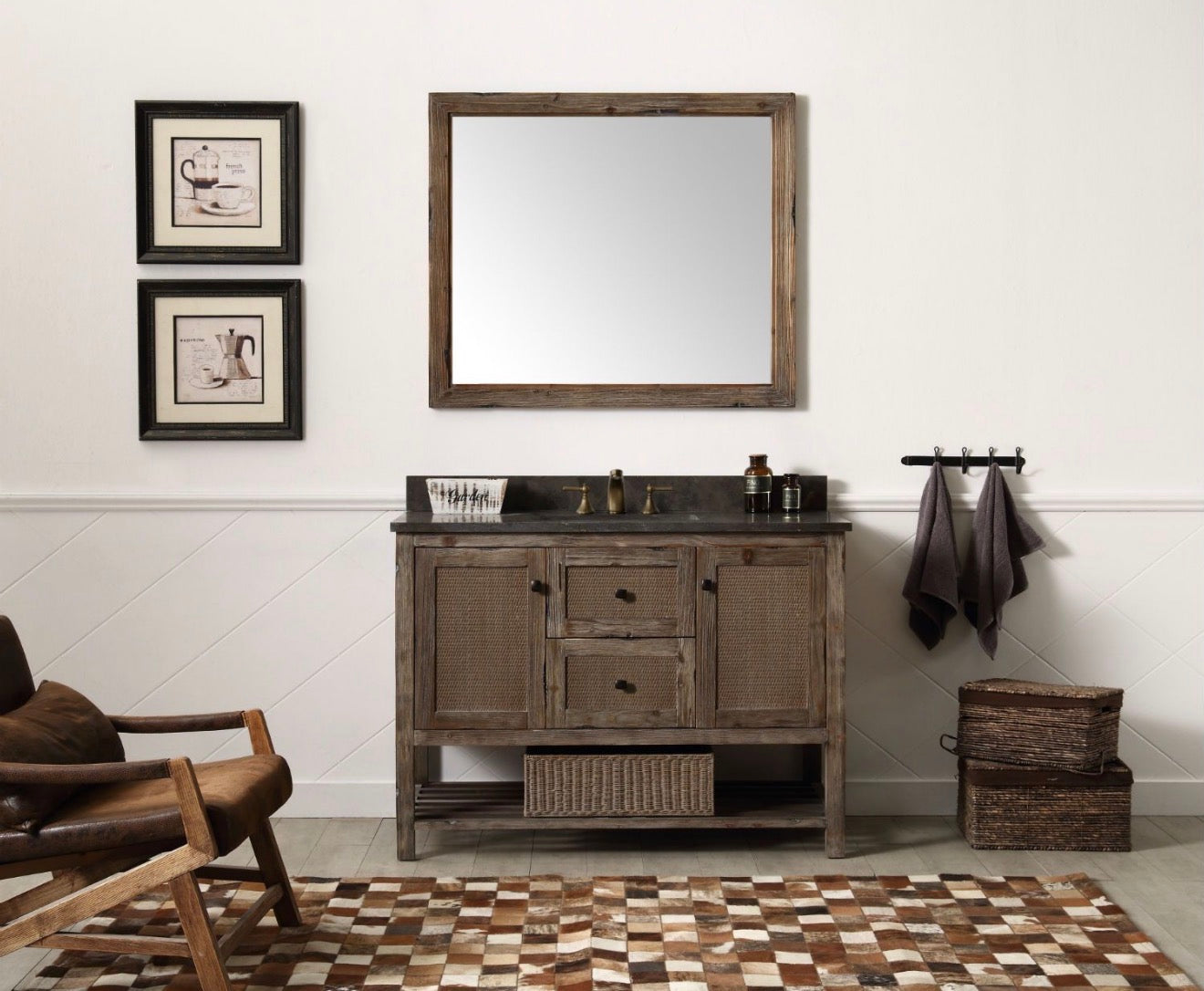 Legion Furniture Solid Wood Bathroom Vanity with Natural Moon Stone Top – Brown Rustic (36", 48", 60")