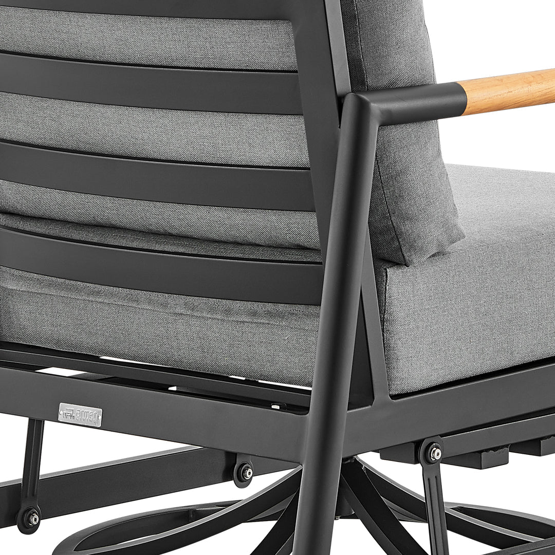 Armen Living Crown Outdoor Patio Swivel Glider Lounge Chair in Black Aluminum and Teak Wood with Cushions