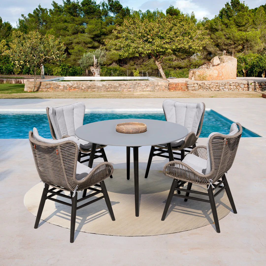 Armen Living Kylie and Mateo 5 Piece Outdoor Patio Dining Set in Eucalyptus Wood with Truffle Rope and Gray Cushions
