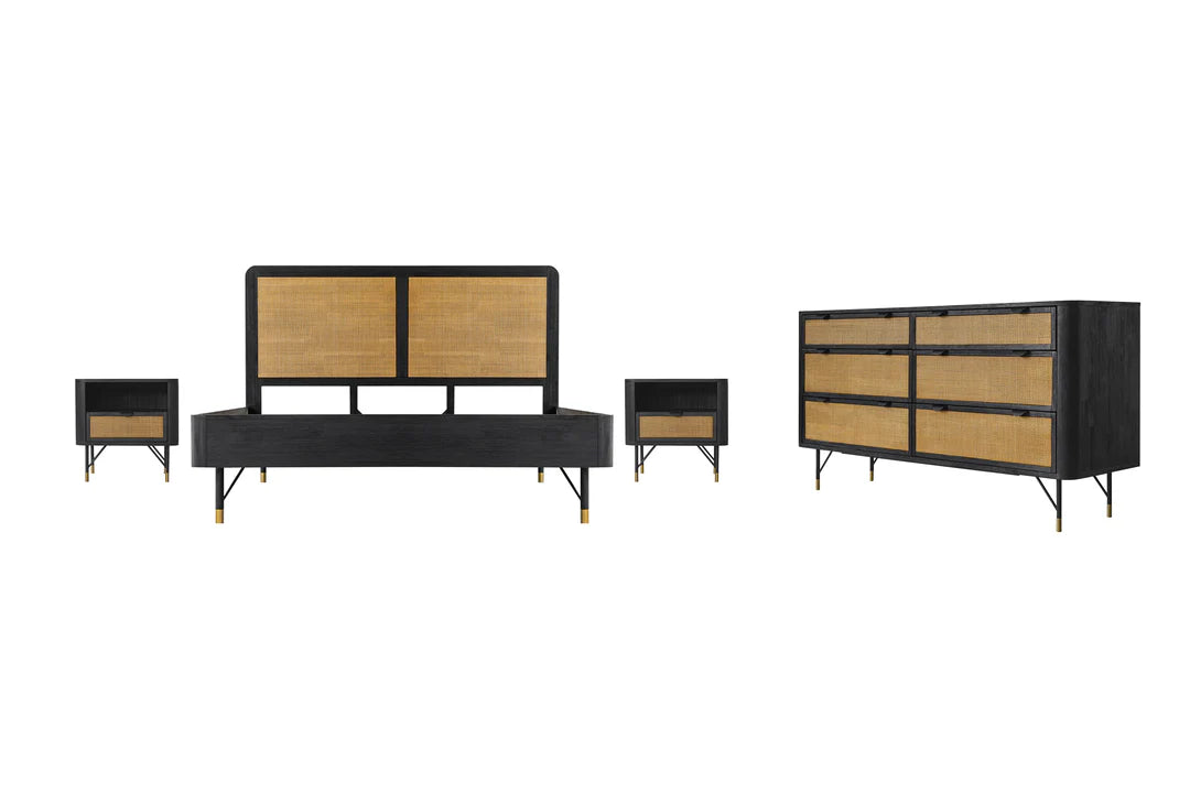 Armen Living  Saratoga 4 Piece Bedroom Set in Black Acacia Wood and Rattan