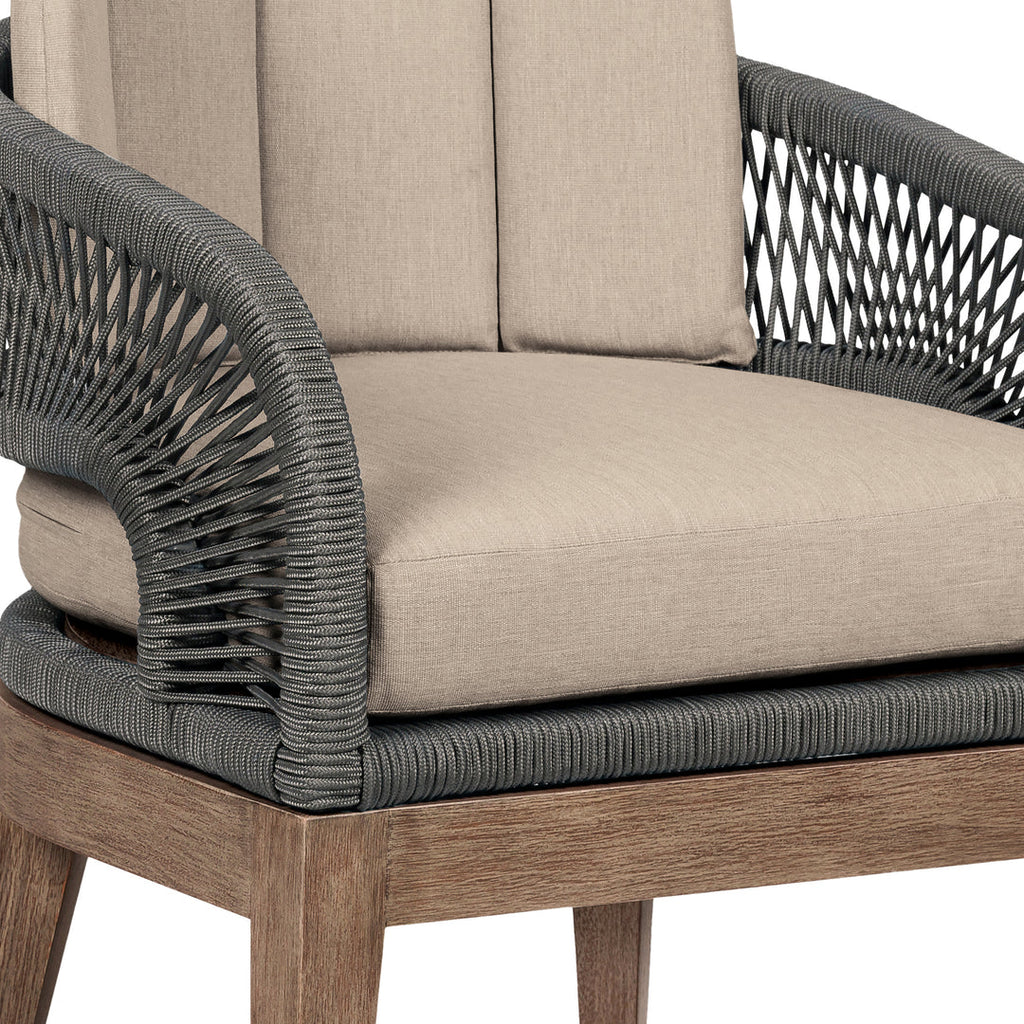 Armen Living Orbit Outdoor Patio 5 Piece Dining Set in Weathered Eucalyptus Wood with Gray Rope and Taupe Olefin Cushions
